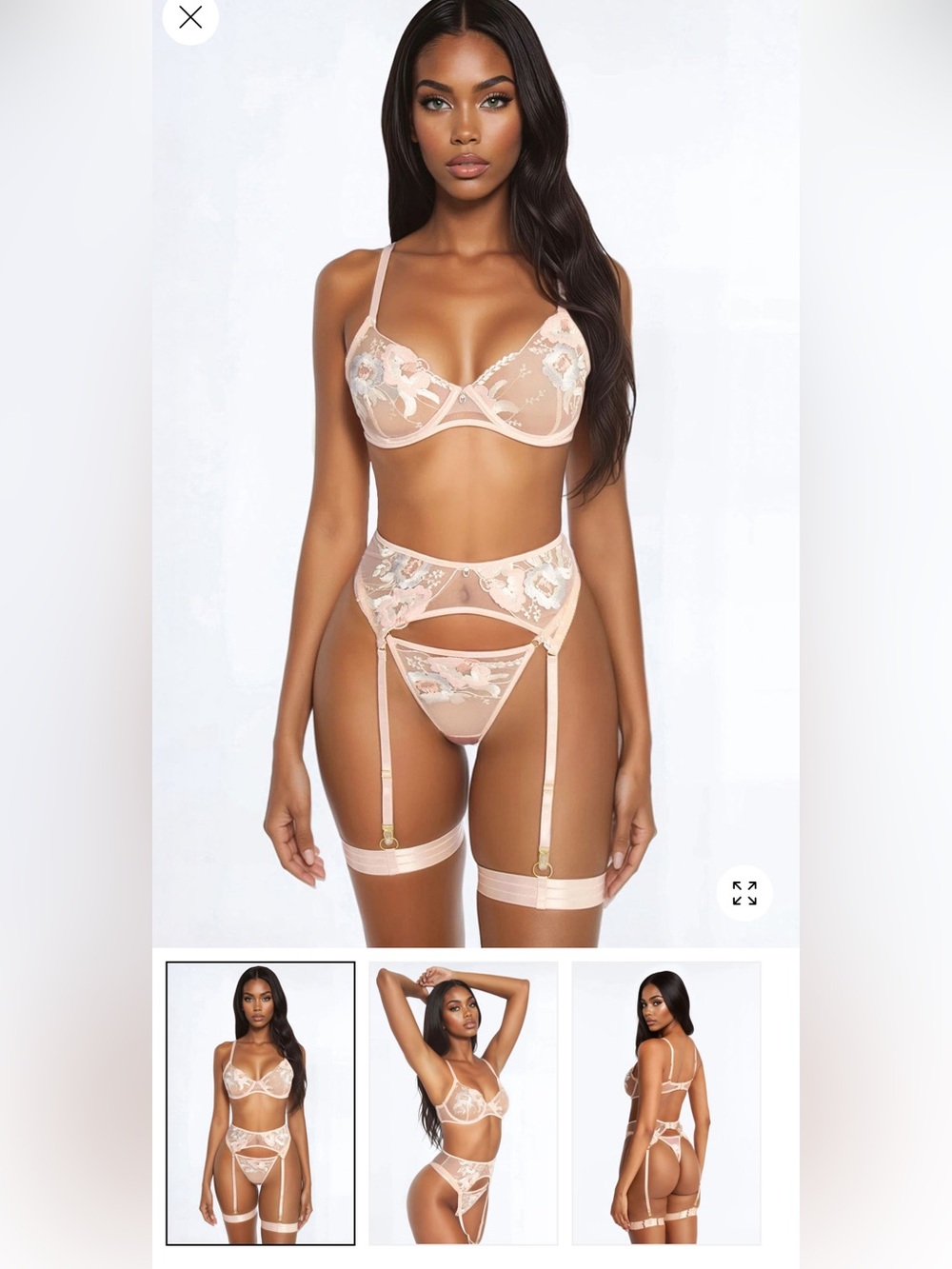 Sheer Embroidered Lace Bra, Garter Belt & Thong Set - Blush
